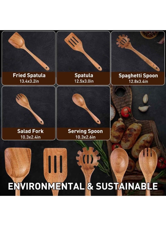 5-Piece Wooden Spoons for Cooking -  Kitchen Utensil Set made of Natural Solid Wood Material - Includes Salad Spoons, Spaghetti Spoon,Slotted Spatula, Salad Fork, Flat Spatula - Image 3